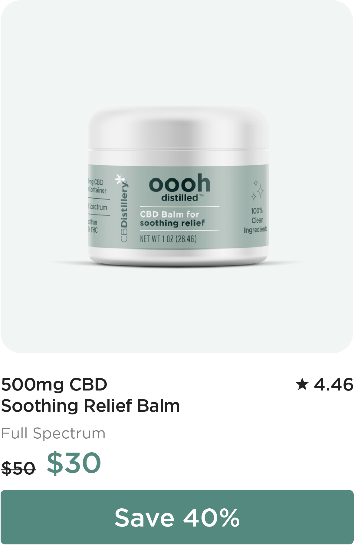 500mg CBD Soothing Relief Balm, originally $50, now $30. Save 40%