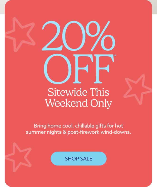 A red text card. Shop 20% off sitewide sale.