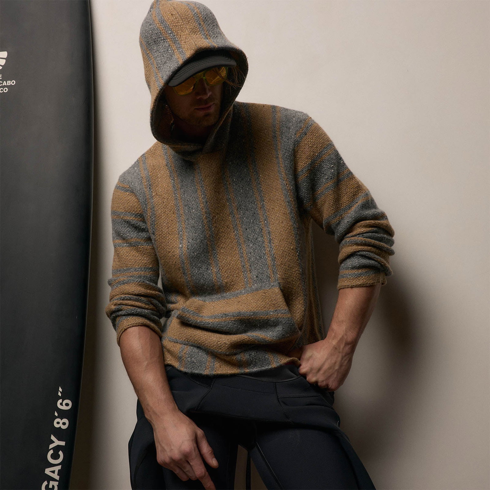 Image of Baja Stripe Cashmere Hoodie - Heather Grey/Toffee