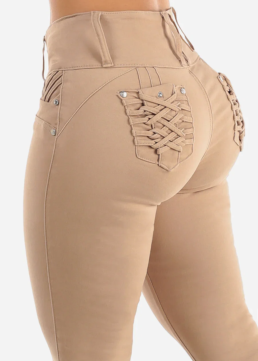 Image of MX JEANS Braided Pocket Butt Lifting Khaki Skinny Jeans