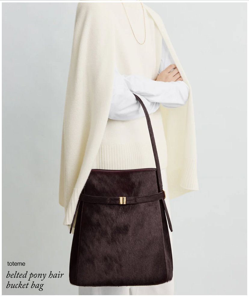 belted pony hair bucket bag