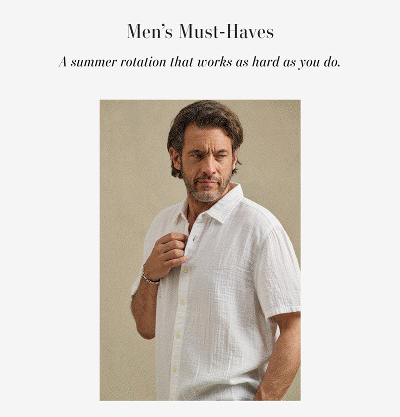 Image shows a model wearing the Emilio Top in Asul. Image shows a model wearing the Fulton Top in Sphinx. Image shows a model wearing the Troy Top in White. Text reads: Men's Must-Haves. A summer rotation that works as hard as you do.