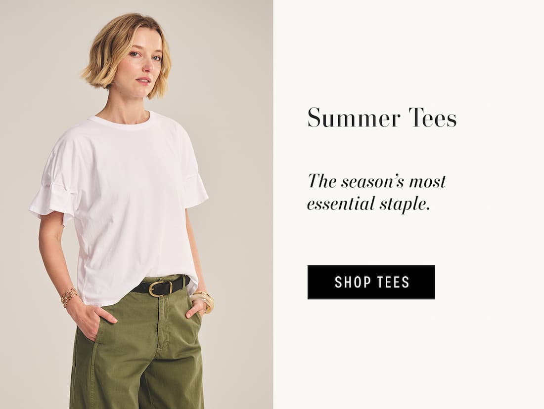 Image shows a model wearing the Tae Top in White. Text reads: Summer Tees. The season's most essential staple.