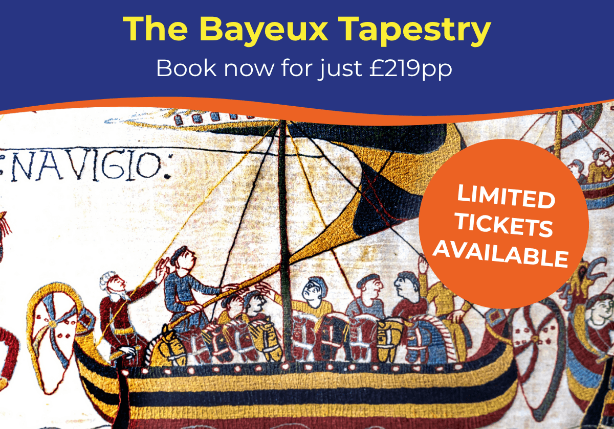 Illustration of a medieval ship with sailors, featuring text about the Bayeux Tapestry event.