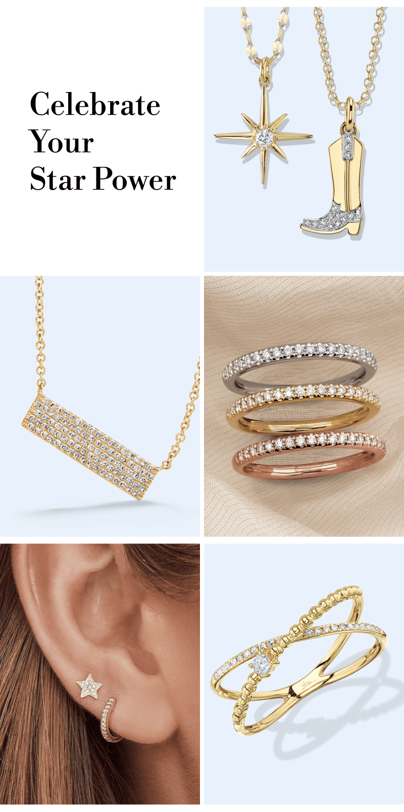 A variety of pendants on chain necklaces and rings. Celebrate Your Star Power. 
