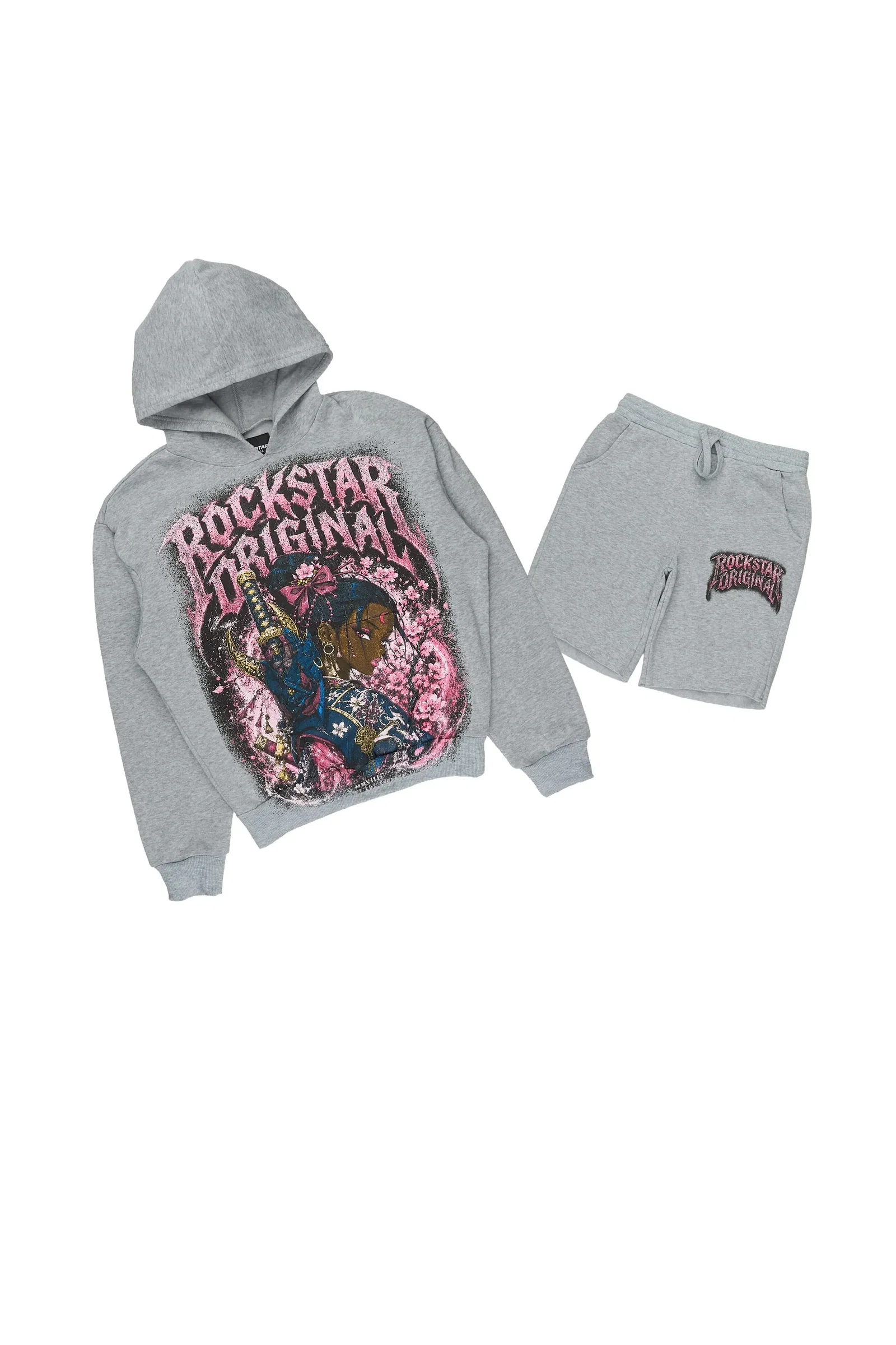 Image of Girls Kavera Heather Grey Graphic Hoodie Short Set
