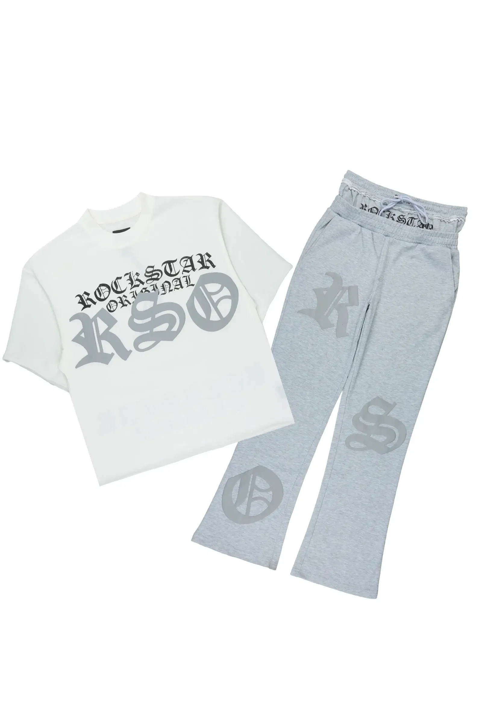 Image of Burke Heather Grey Chenille Patch Boxy Tee/Double Waistband Pant Track Set