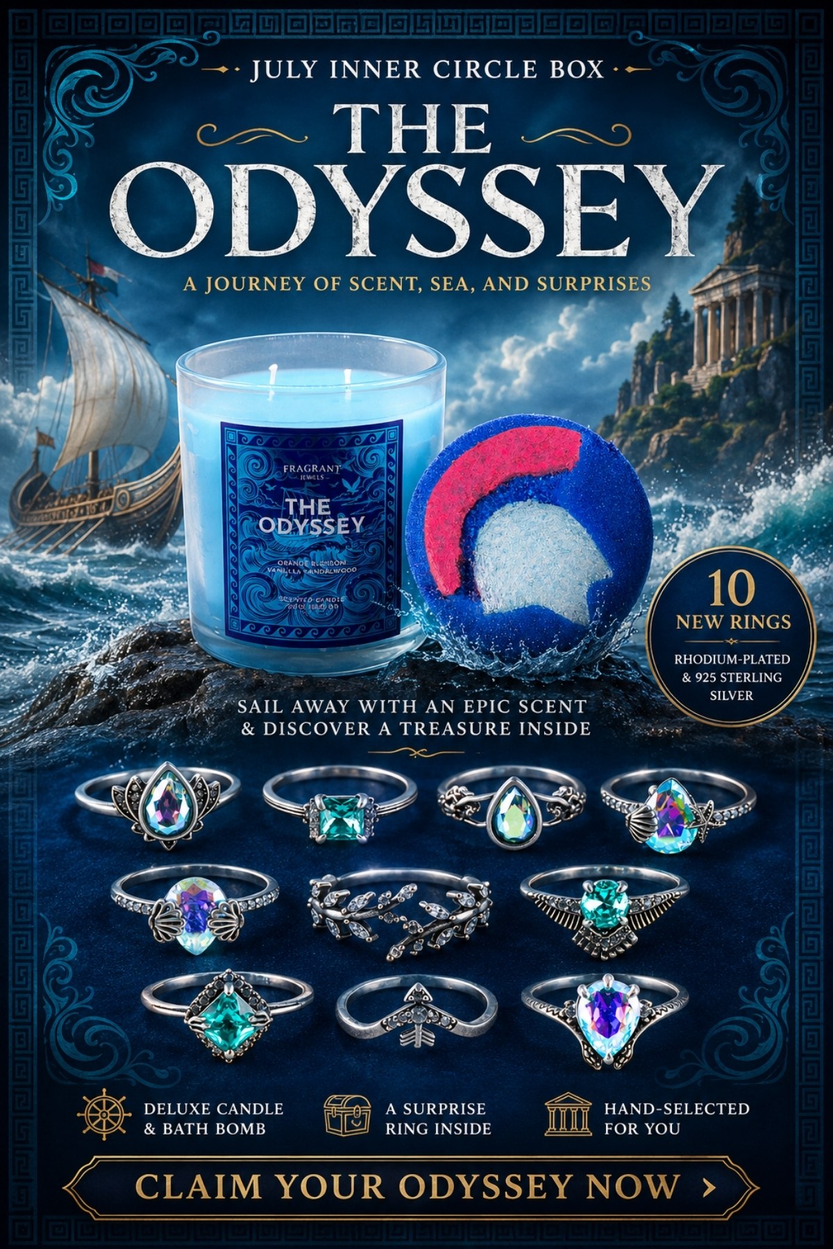 The Odyssey: July Inner Circle Box - 10 NEW Rings: Rhodium-Plated & 925 Sterling - Claim Your Odyssey Now (Orange Blossom, Vanilla, Sandalwood)