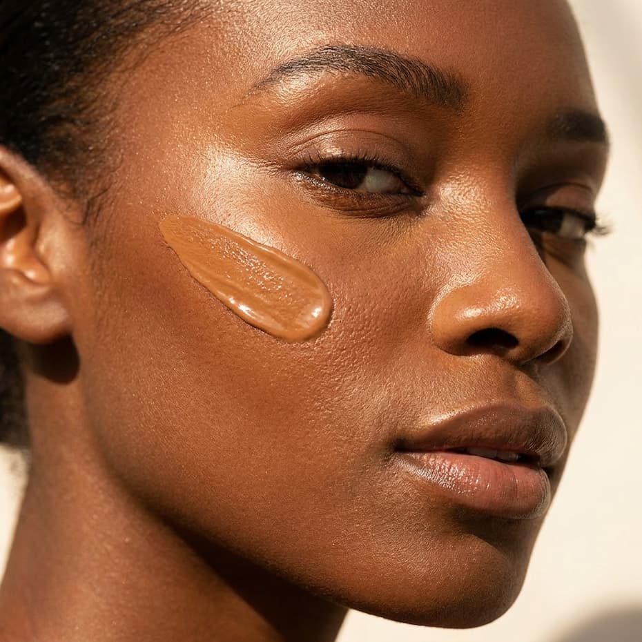 Black woman with tinted moisturizer on her cheekbone in sun. 