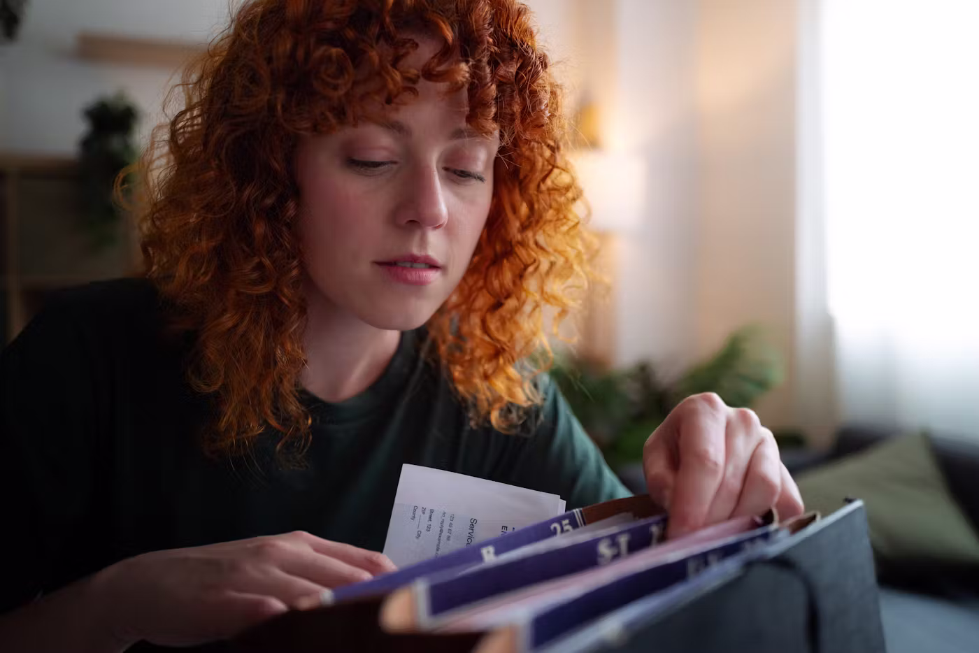 Young woman with red curly hair managing personal finances at home, looking through files and paperwork