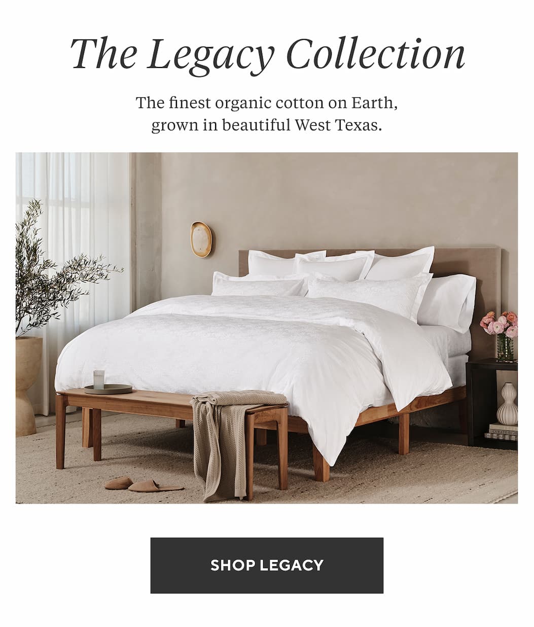 The Legacy Collection The finest organic cotton on Earth, grown in beautiful West Texas. Shop Now >