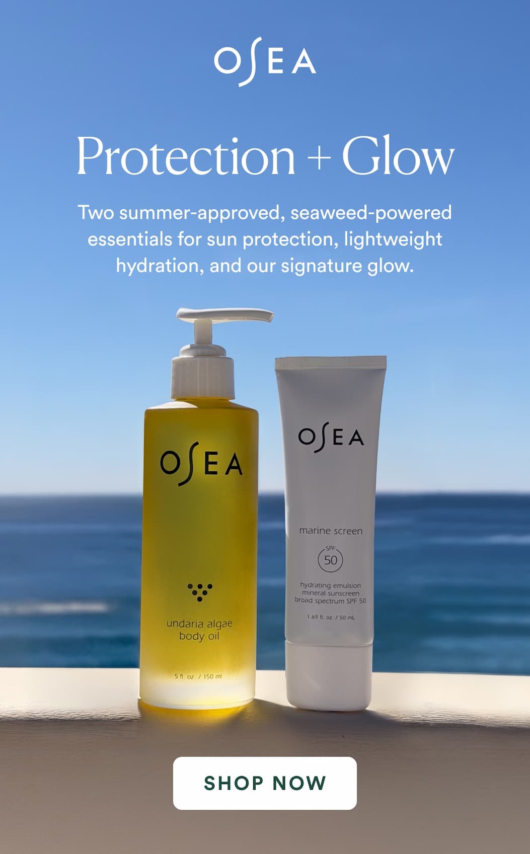 Two summer-approved, seaweed-powered essentials for sun protection, lightweight hydration, and our signature glow.