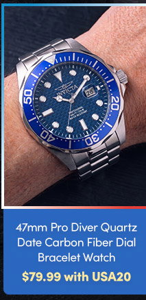 INV-12563  INVICTA | Men's 47mm Pro Diver Quartz Date Carbon Fiber Dial Bracelet Watch - $79.99 with USA20