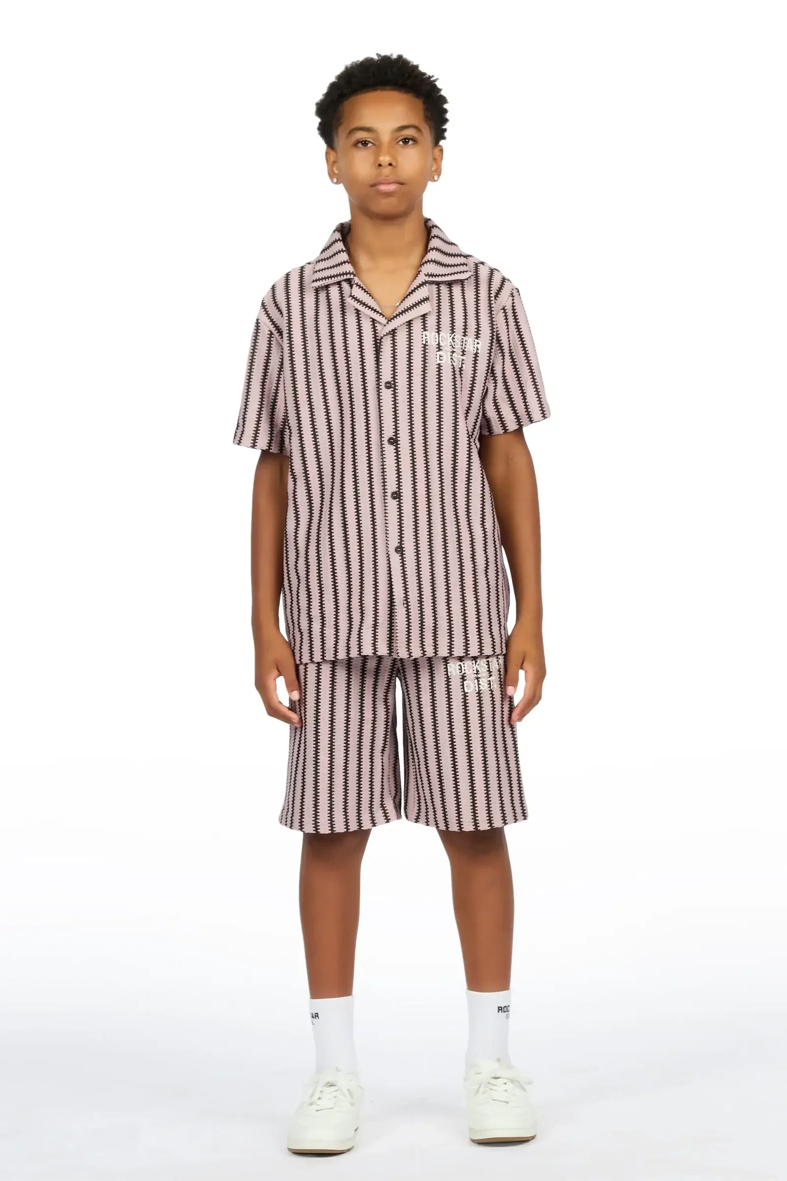Image of Boys Gerald Light Pink/Black Button Down Shirt/Short Set