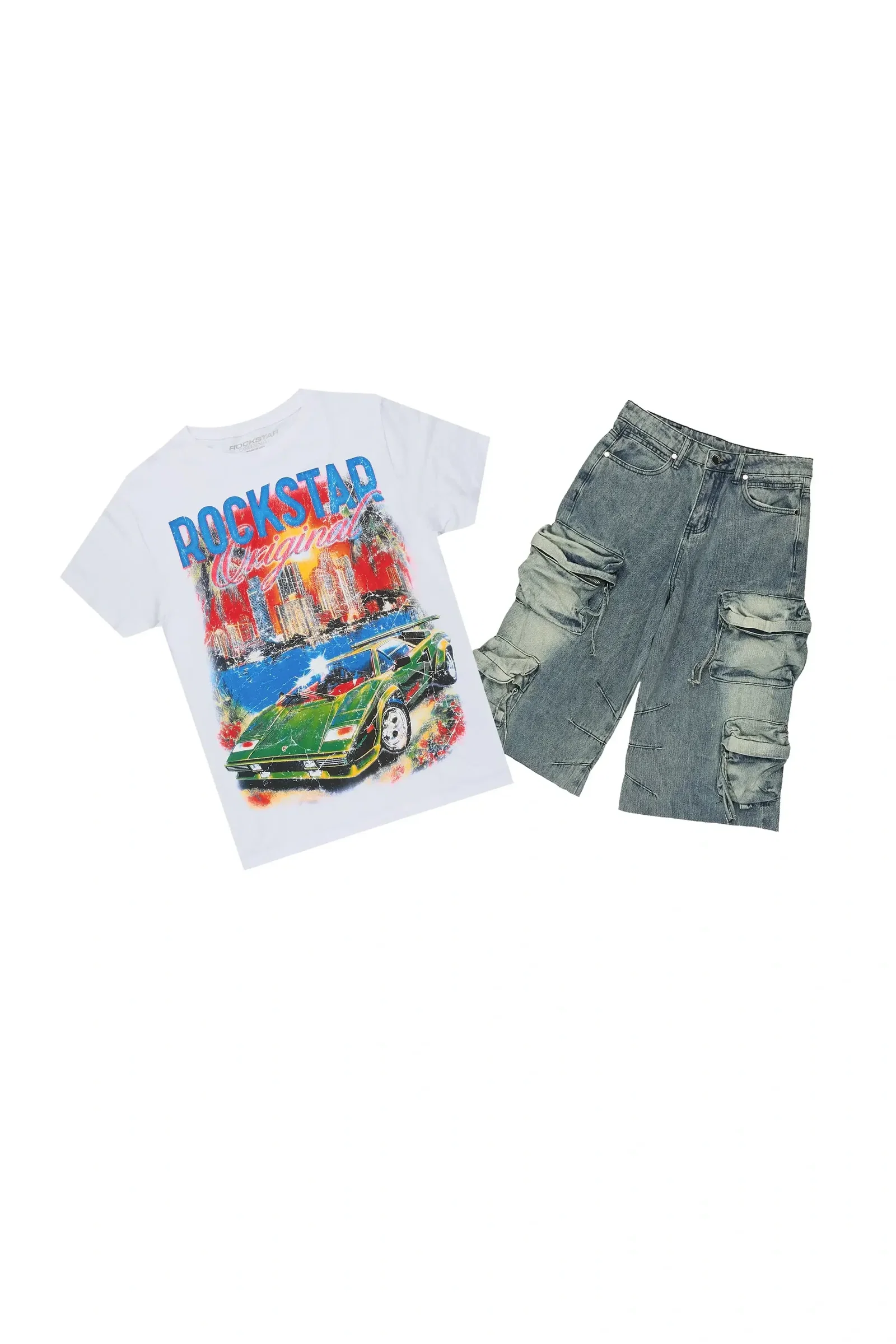 Image of Boys Jhacor 2.0 White/Blue T-Shirt/Denim Jort Set