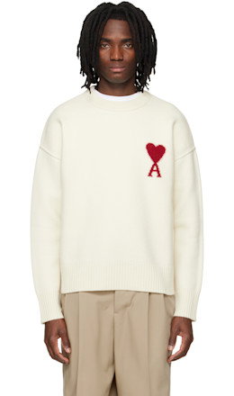 Off-White Wool Contrasted Ami de Coeur Crewneck Sweater - AMI Paris