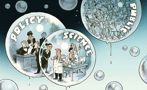 Cartoon of scientists and politicians in bubbles, with the public in a separate bubble looking on angrily.