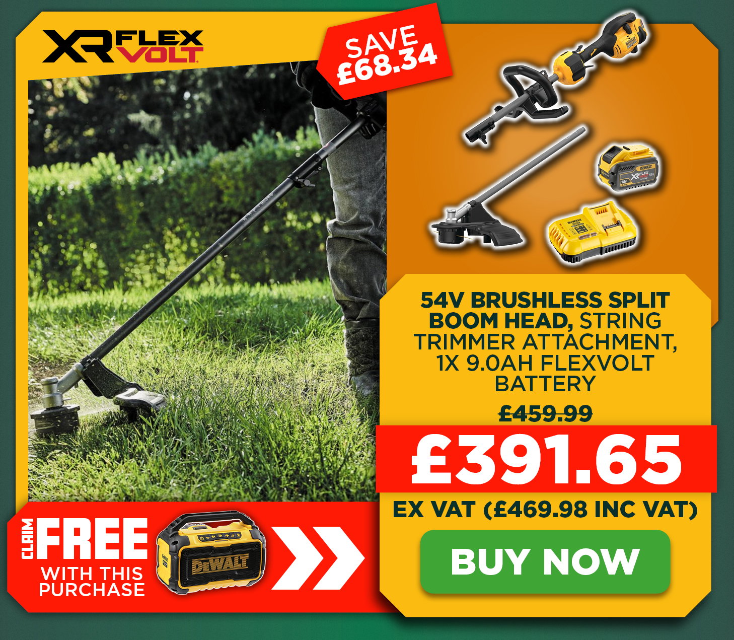 Dewalt DCMAS5713X1 54V FLEXVOLT Brushless Split Boom Head, String Trimmer Attachment, 1x 9.0Ah XR FLEXVOLT Battery & Charger