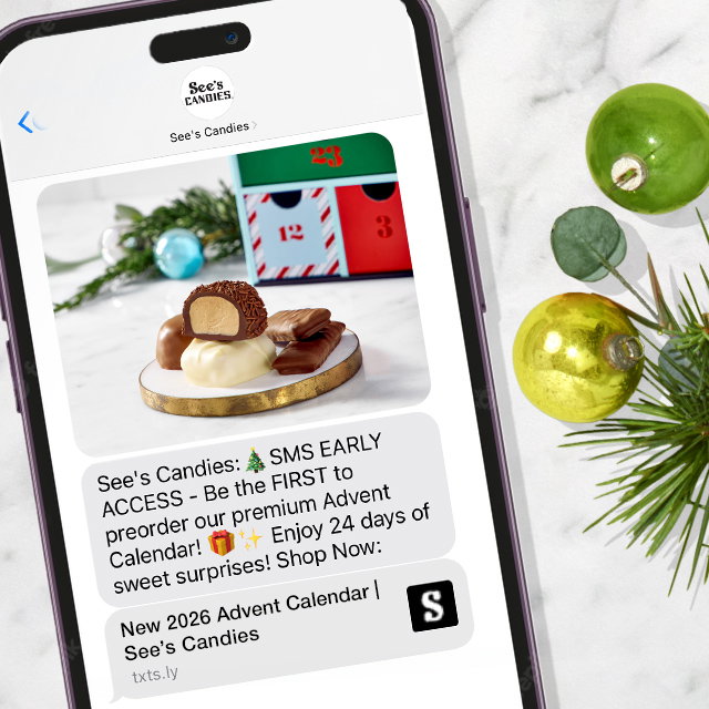 See's Candies early access text messages on a mobile phone screen