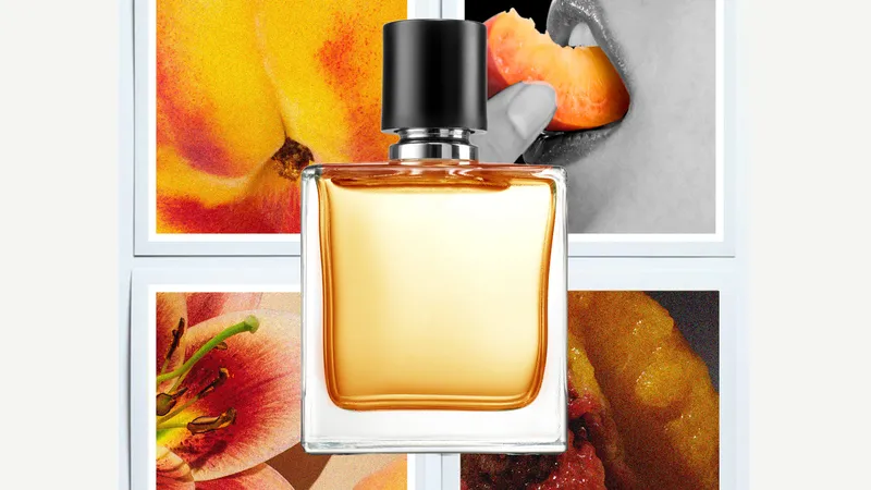 fragrance bottle in front of photos of peaches