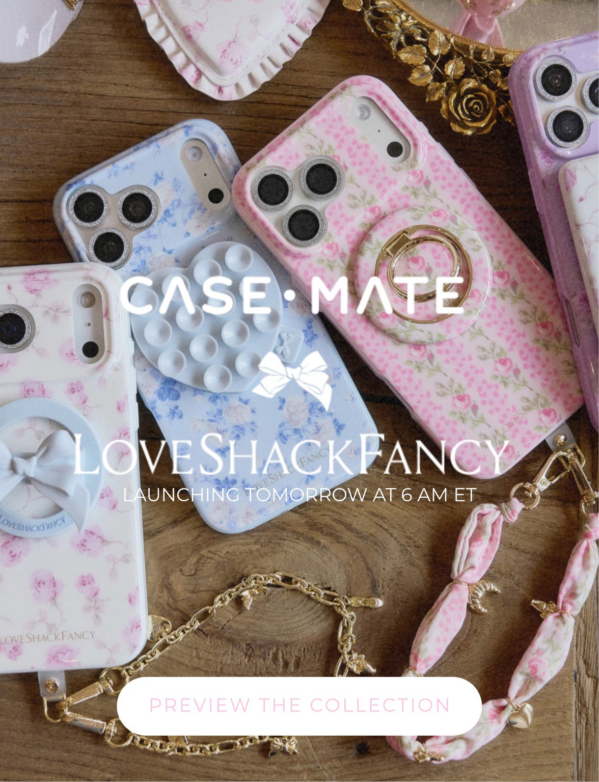 A girl with her Case-Mate x LoveShackFancy Collection accessories, dancing. 