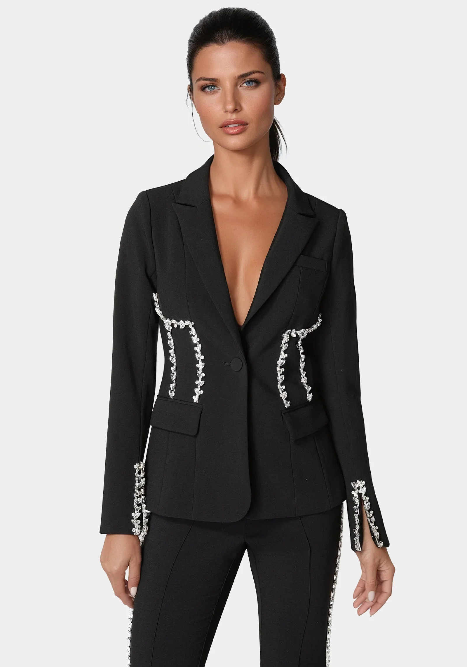 Image of Rhinestone Detail Woven Twill Blazer