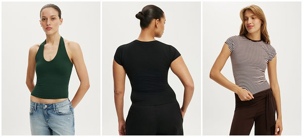Three women modeling different casual tops and bottoms in neutral colors
