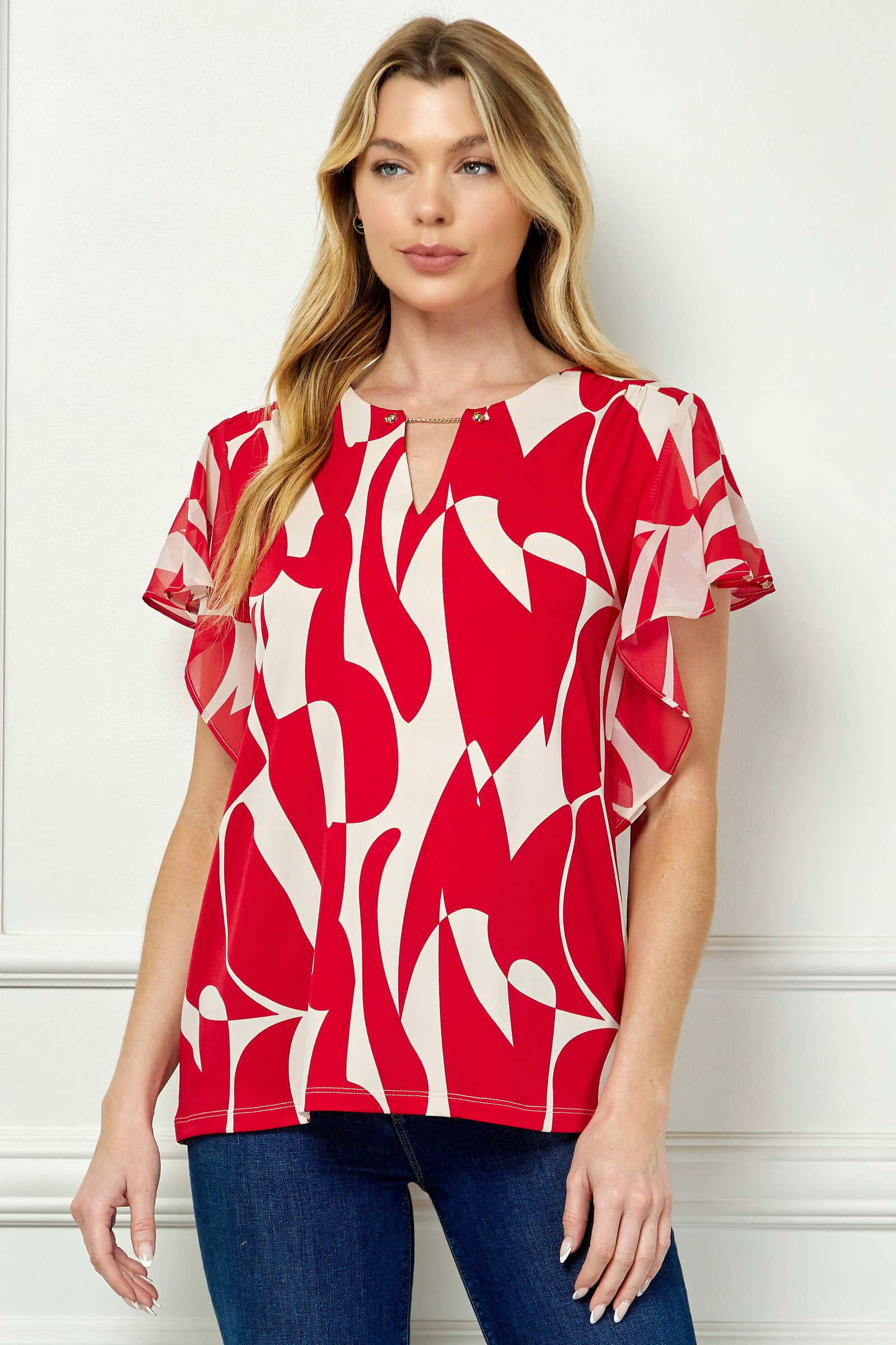 Image of Flutter Sleeve Cutout Neck Blouse with Removable Trim in Red