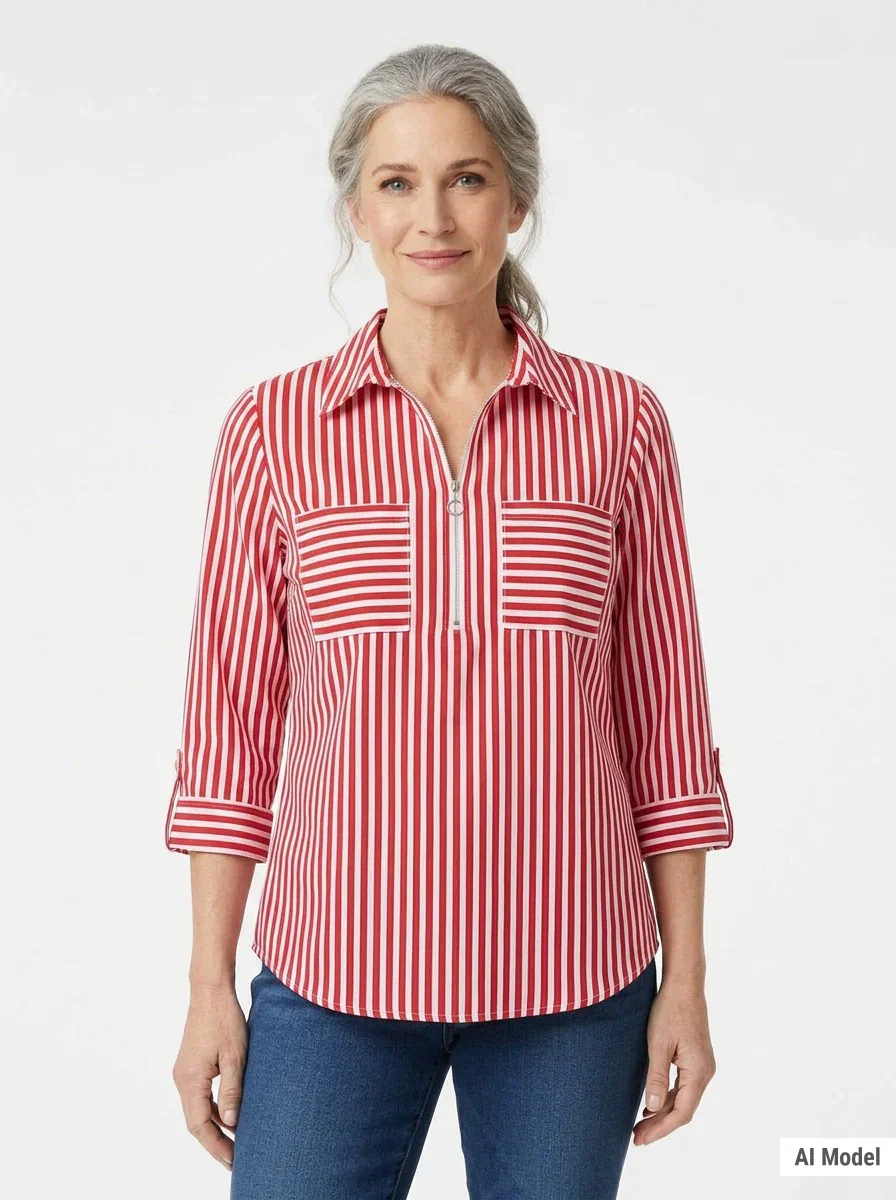 Image of Half Zip Blouse With Pockets