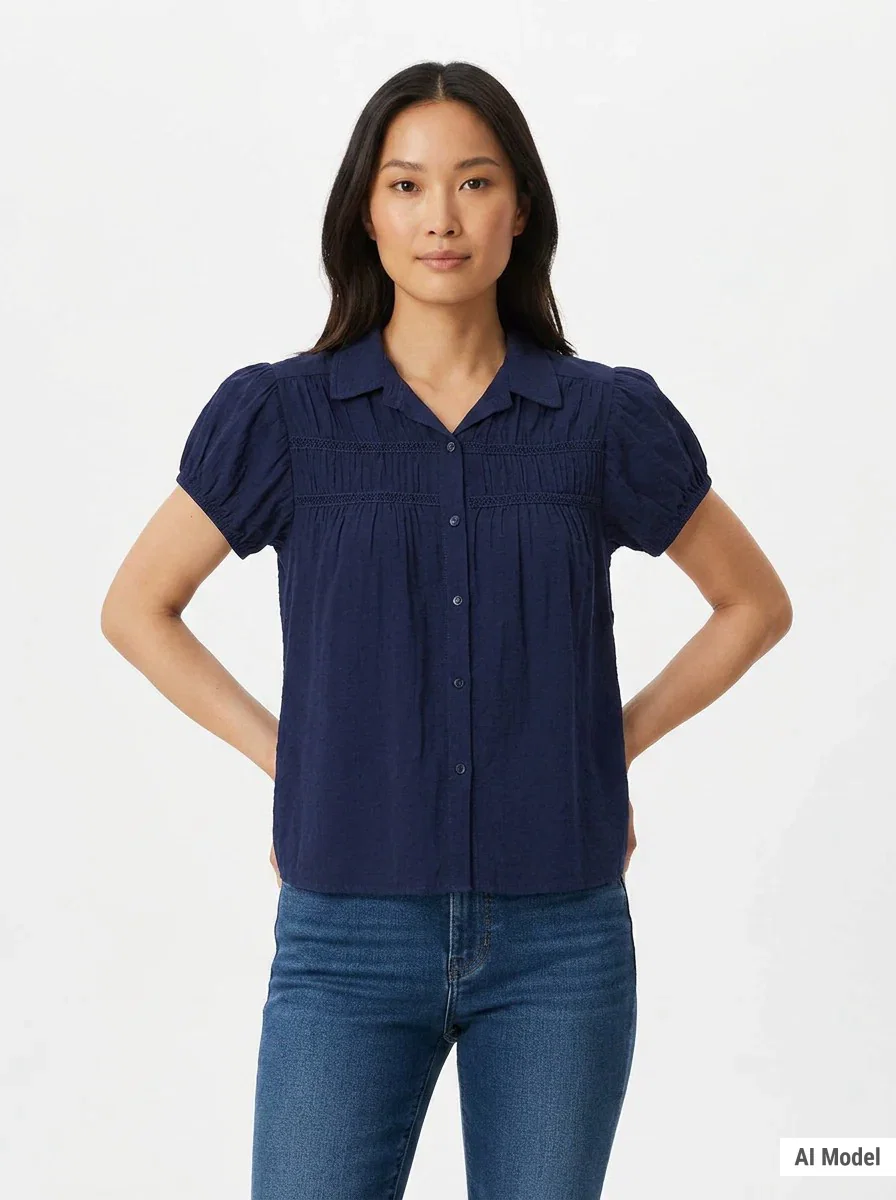 Image of Cap Sleeve Ruched Yoke Blouse