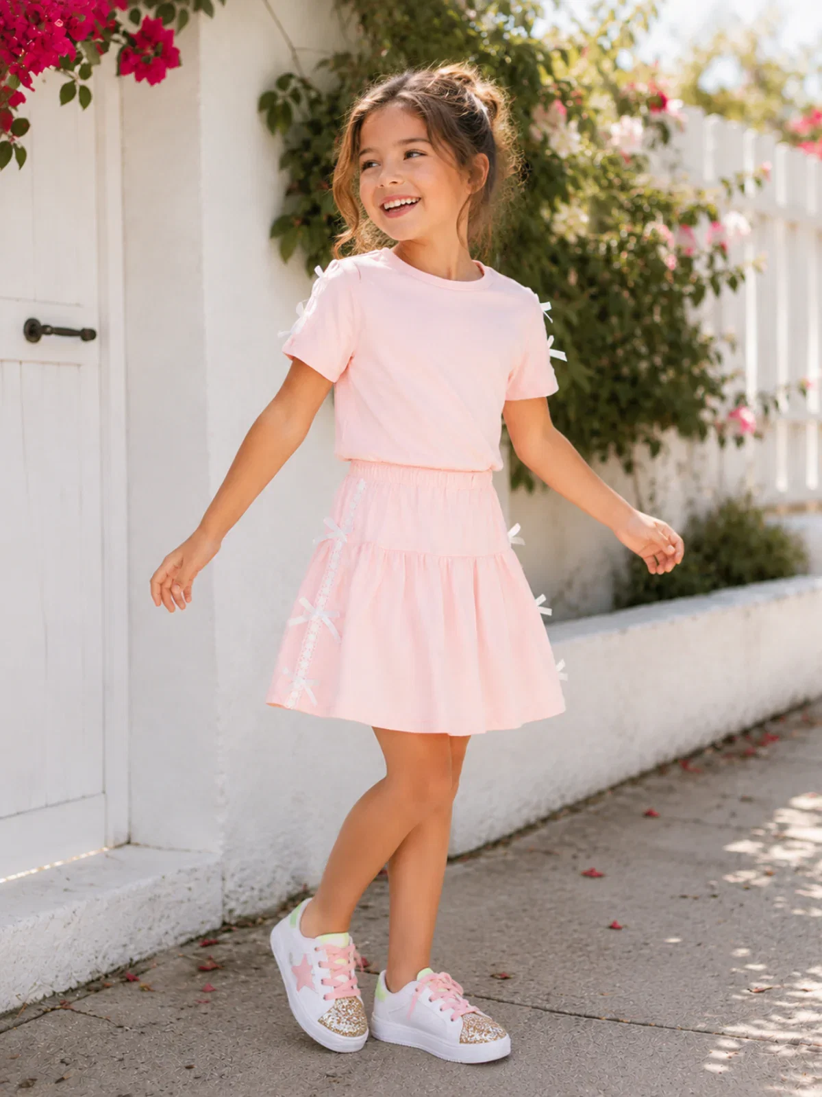 Image of Pink Lace Bow Top and Pleated Skirt Set