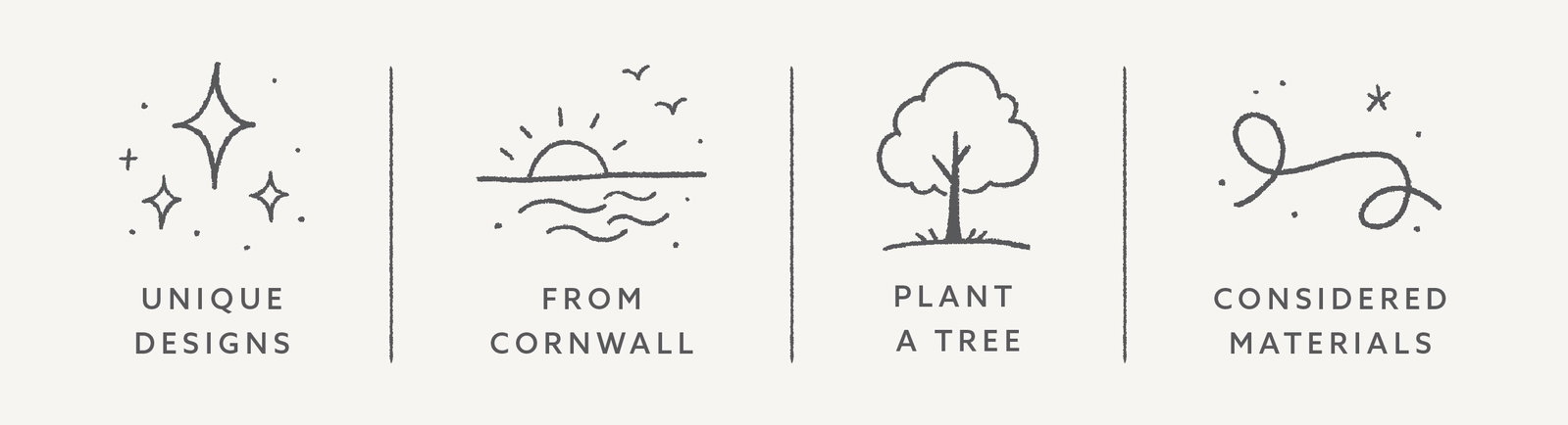 Icons highlighting Whistlefish values: unique designs, made in Cornwall, planting a tree and using considered materials.