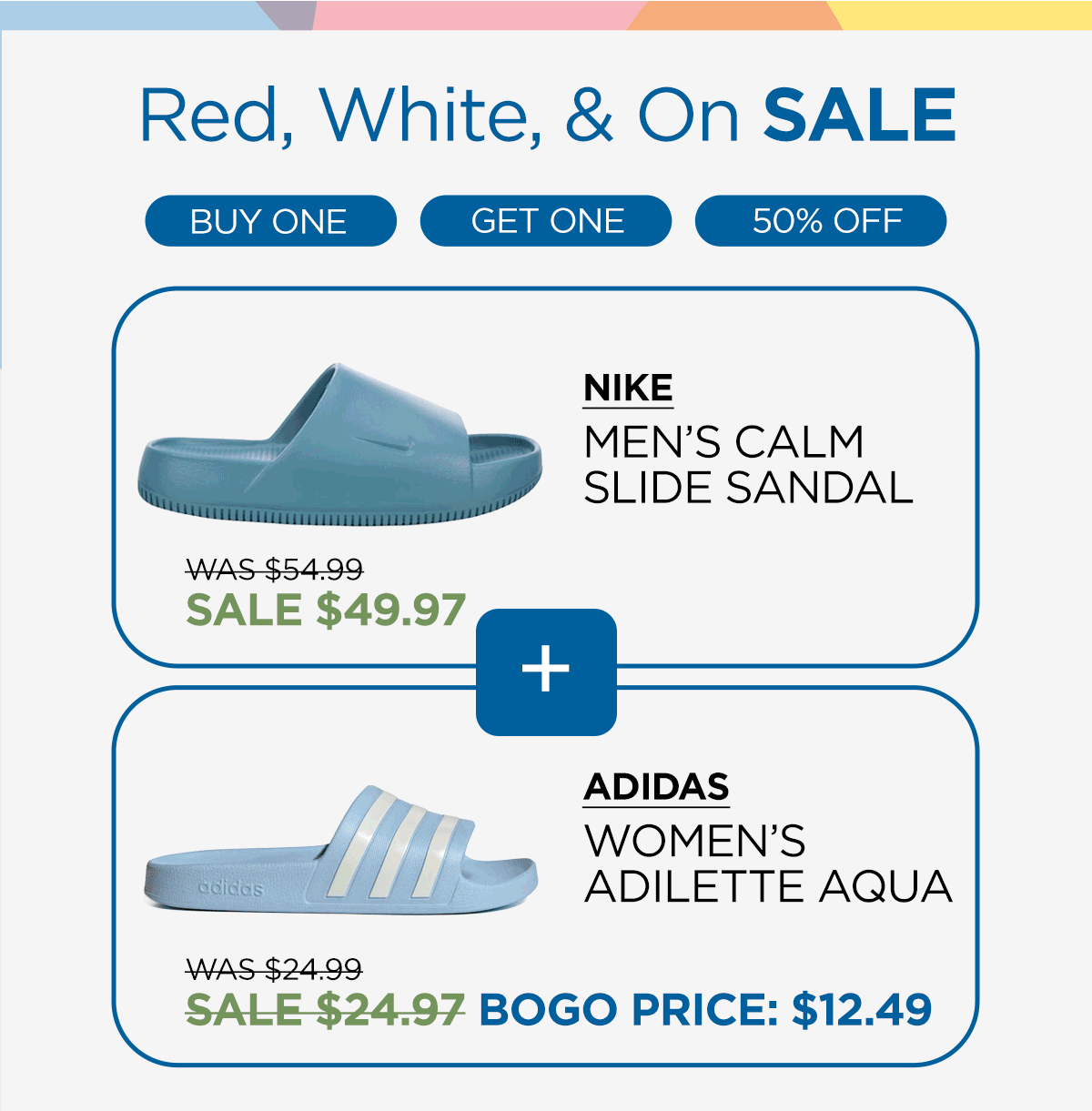 Red, White, and On Sale | Buy One Get One 50% Off | Animated Display of Red, White, and Blue Sale Styles