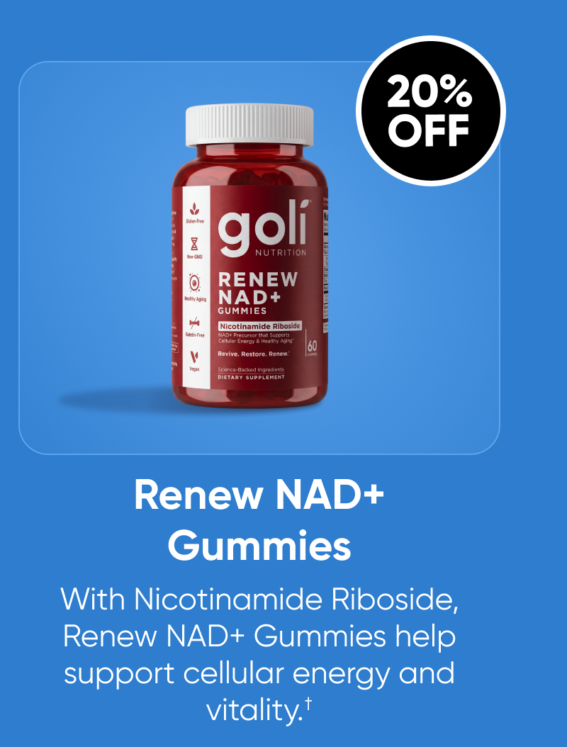 Renew NAD+ Gummies  With Nicotinamide Riboside, Renew NAD+ Gummies help support cellular energy and vitality.†  20% OFF