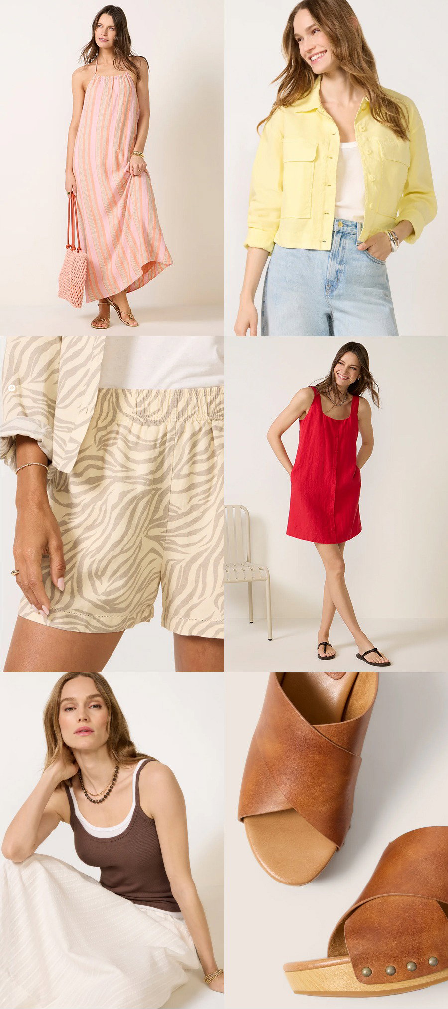 Evereve summer clearance lookbook grid featuring a pink striped maxi dress, a yellow cropped jacket with denim, neutral zebra print shorts, a vibrant red mini dress, a brown layered tank with a white maxi skirt, and brown leather wedge sandals.