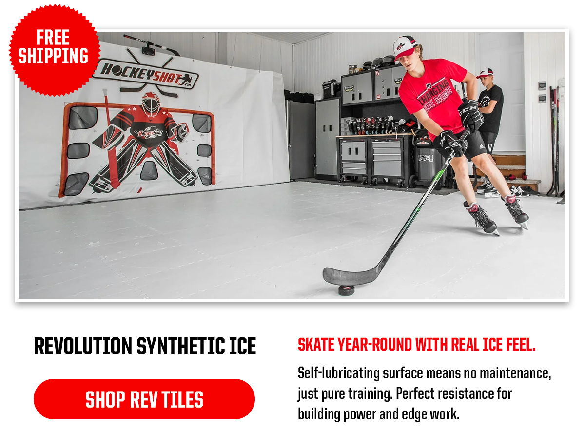 Product Block 1: Revolution Synthetic Ice. Skate year round with real ice feel. Self-lubricating surface means no maintenance, just pure training. Perfect resistance for building power and edge work. Free Shipping. CTA: Shop Rev Tiles