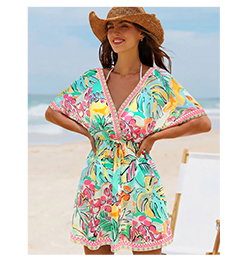 Tropical Print Drawstring Waist Cover-Up Dress