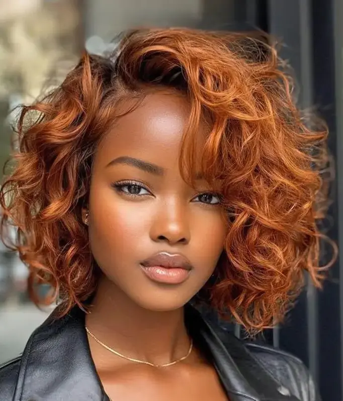 Wear and Go Wigs Copper Red Short Voluminous Bob Loose Curly Glueless Human Hair Wig