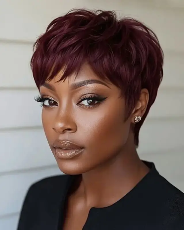 Burgundy Short Pixie Cut Wig with Bangs No Lace Machine Made Glueless Human Hair Wigs for Black Women