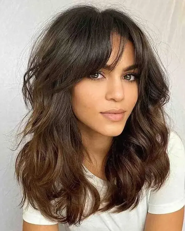 Glueless Shoulder Length Brown Ombre Layered Wavy Wigs With Curtain Bangs Lace Front Human Hair Wigs