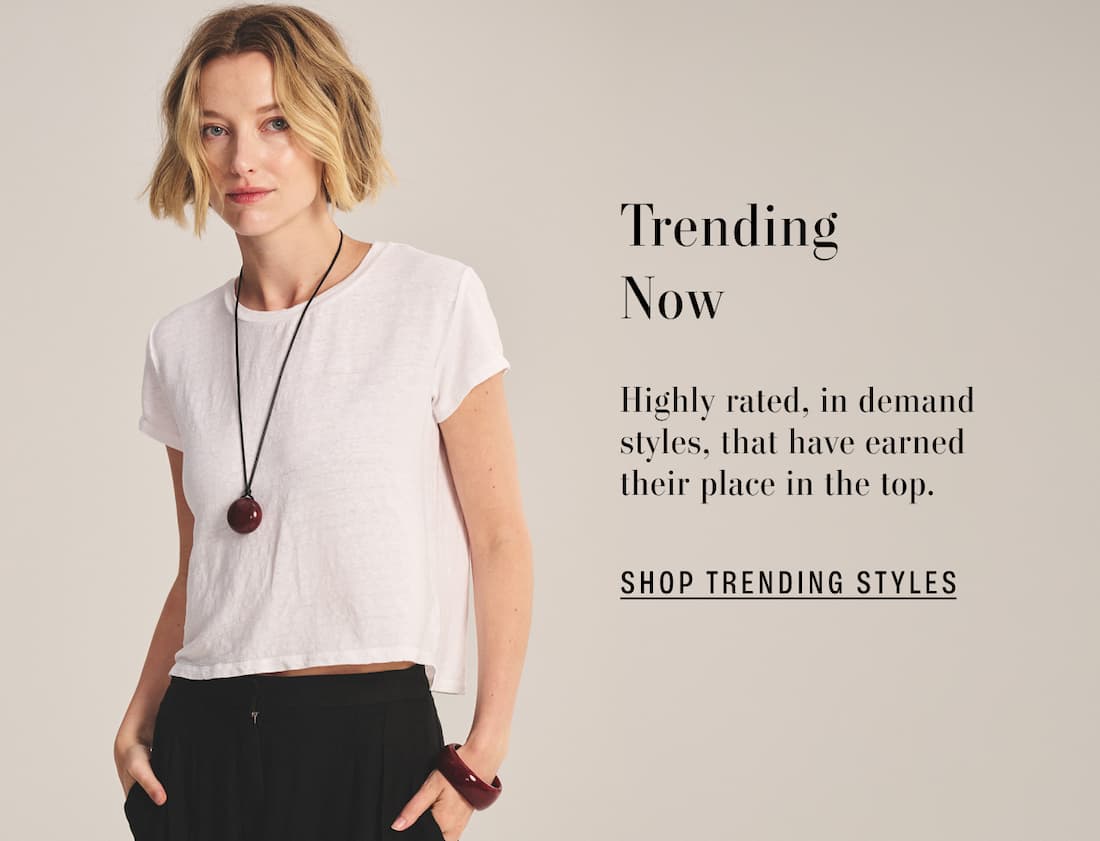 Image shows a model wearing the Casey Top in White. Text reads: Trending now. Highly rated, in demand styles, that have earned their place in the top.