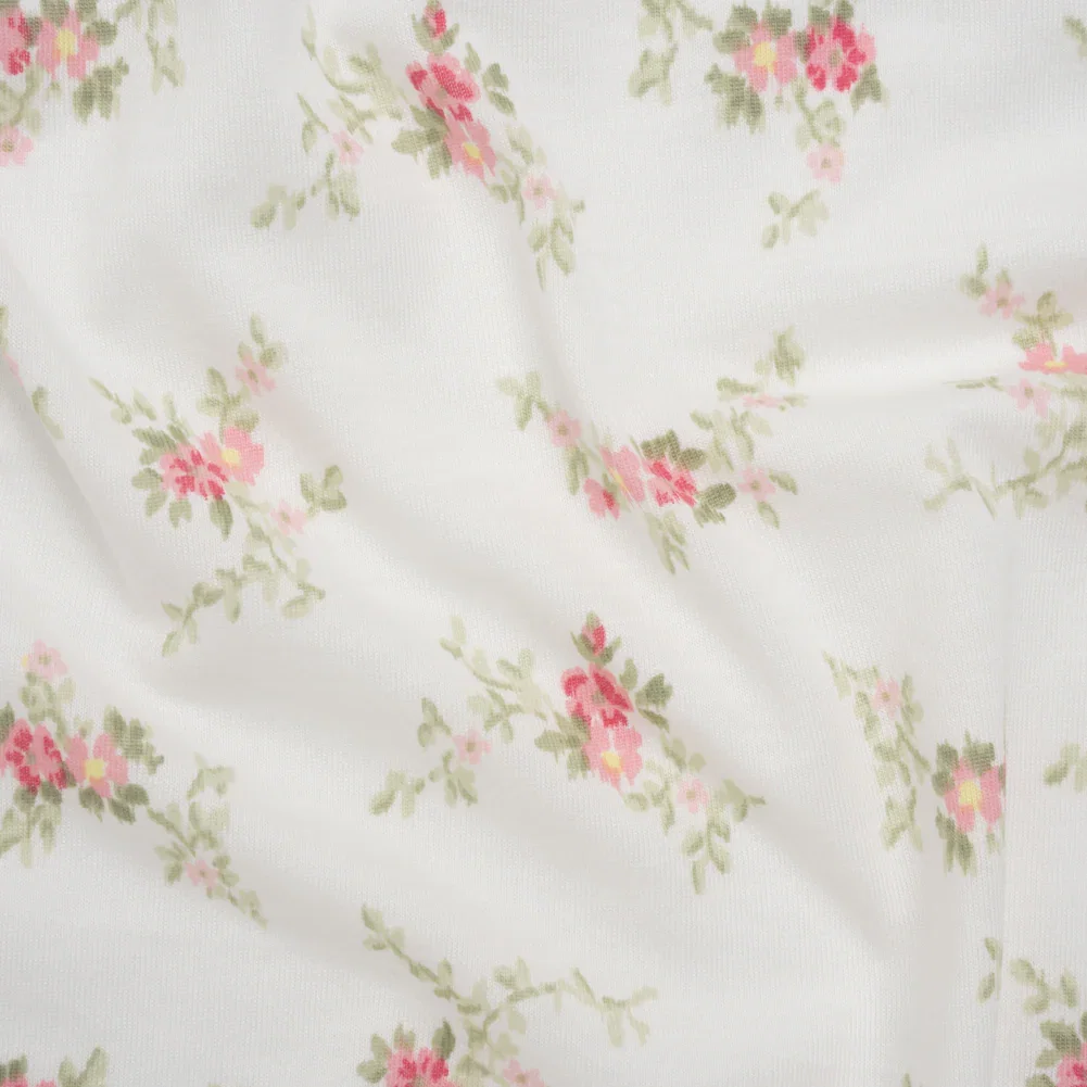 Image of Cotton and Viscose Jersey - White, Pink and Sage Green Floral - Deadstock