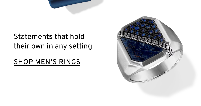 Silver ring with blue stones. Statements that hold their own in any setting. Click to Shop Men’s Rings
