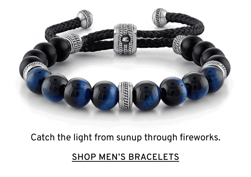 Beaded black and blue bracelet. Catch the light from sunup through fireworks. Click to Shop Men’s Bracelets