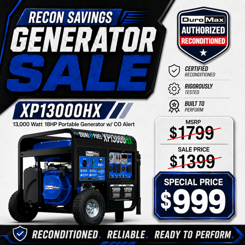 DuroMax XP13000HX 13,000 Watt Portable Dual Fuel Gas Propane CO Alert - Recon