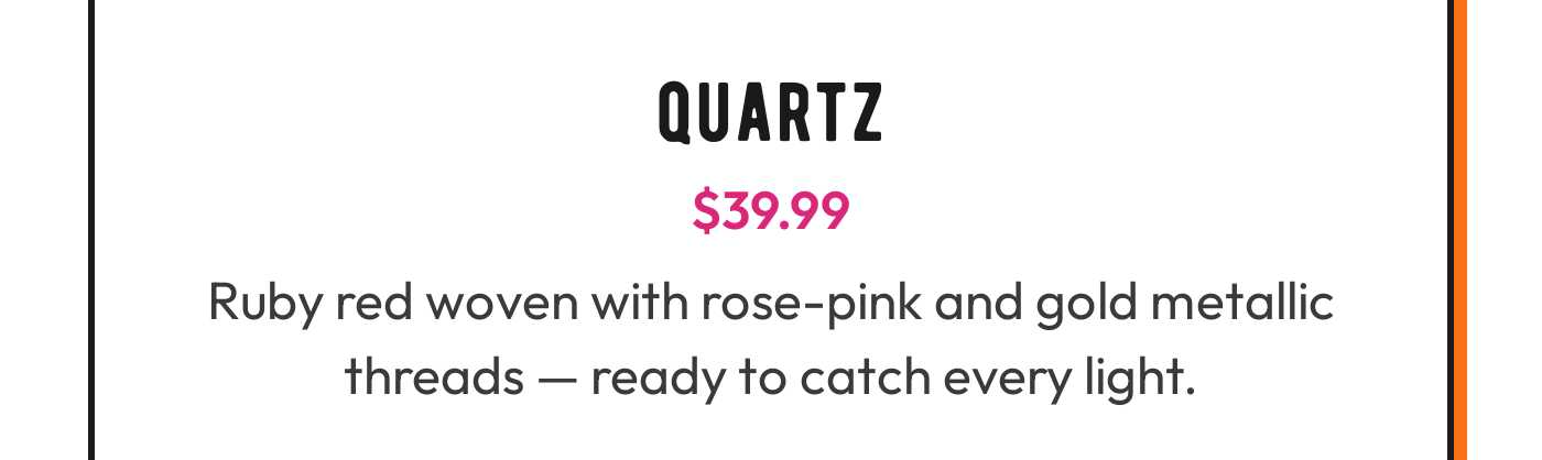 Quartz watch band. Price: $39.99. Ruby red woven with rose-pink and gold metallic threads.