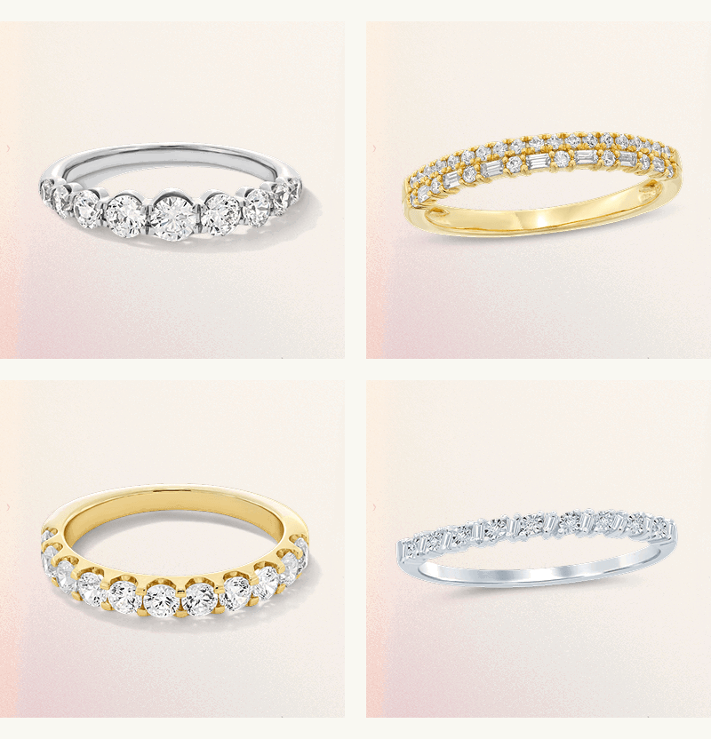Curated assortment of diamond ring bands: round & baguette-cut diamonds set in white & yellow gold.