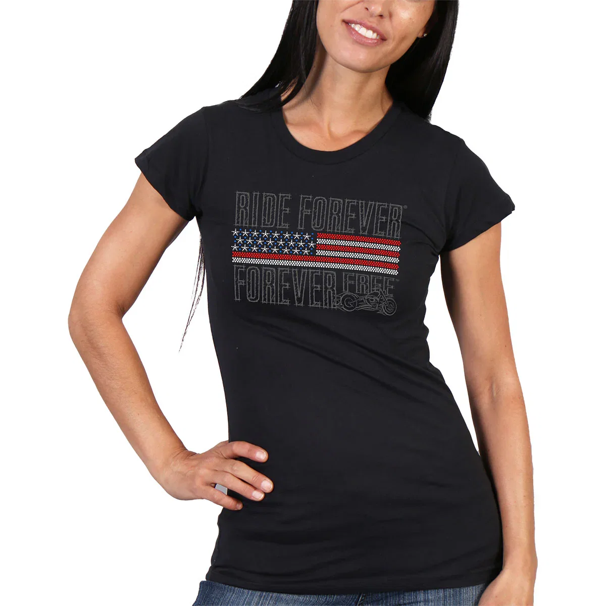 Image of Hot Leathers GLR1428 Flag Bling Full Cut Short Sleeve Ladies Black T-Shirt