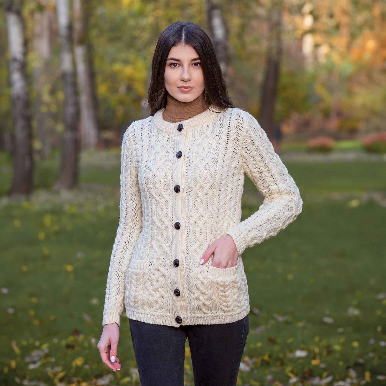 Image of Ladies Merino Chunky Cable Irish Cardigan
