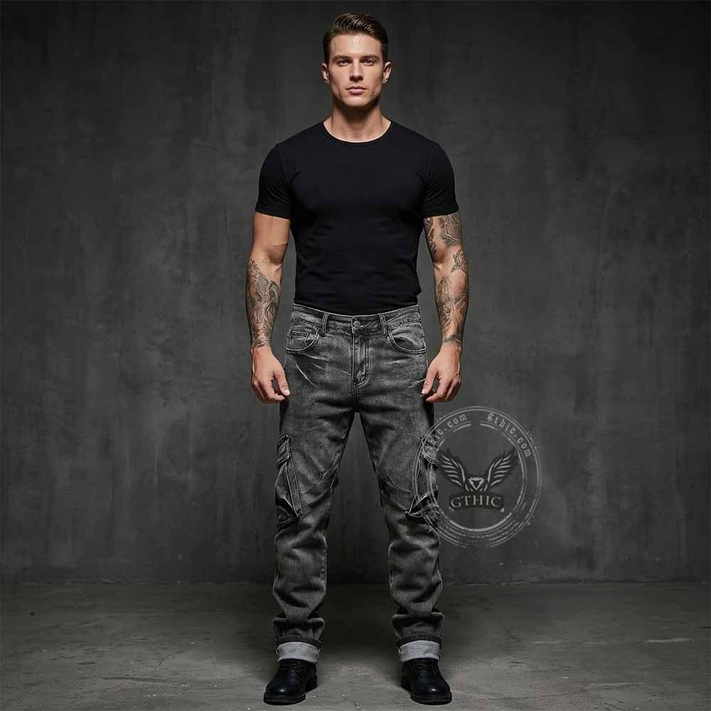 Image of Street Vintage Multi-Pocket Cargo Denim Jeans